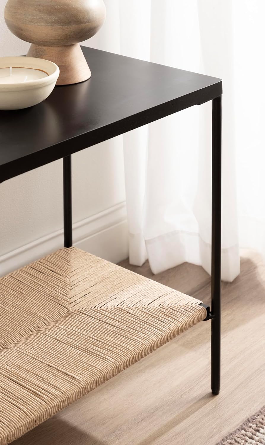 Kate and Laurel Mandell Modern Rectangle Mango Wood and Woven Cord Side Table, 22 x 14 x 22, Black and Natural Cord, Rectangular End Table for Use as Bedroom Nightstand or Living Room Decor Accent