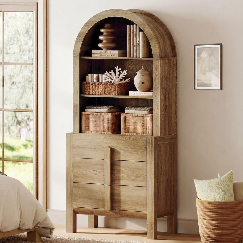 WAMPAT 71" Tall Arched Kitchen Pantry Cabinet with 3 Drawers,5 Tiers Modern Farmhouse Bookcase with Doors, Open Shelf Storage Organizer, Wood Display Bookcase for Kitchen, Dining Room, Walnut, 1 PC