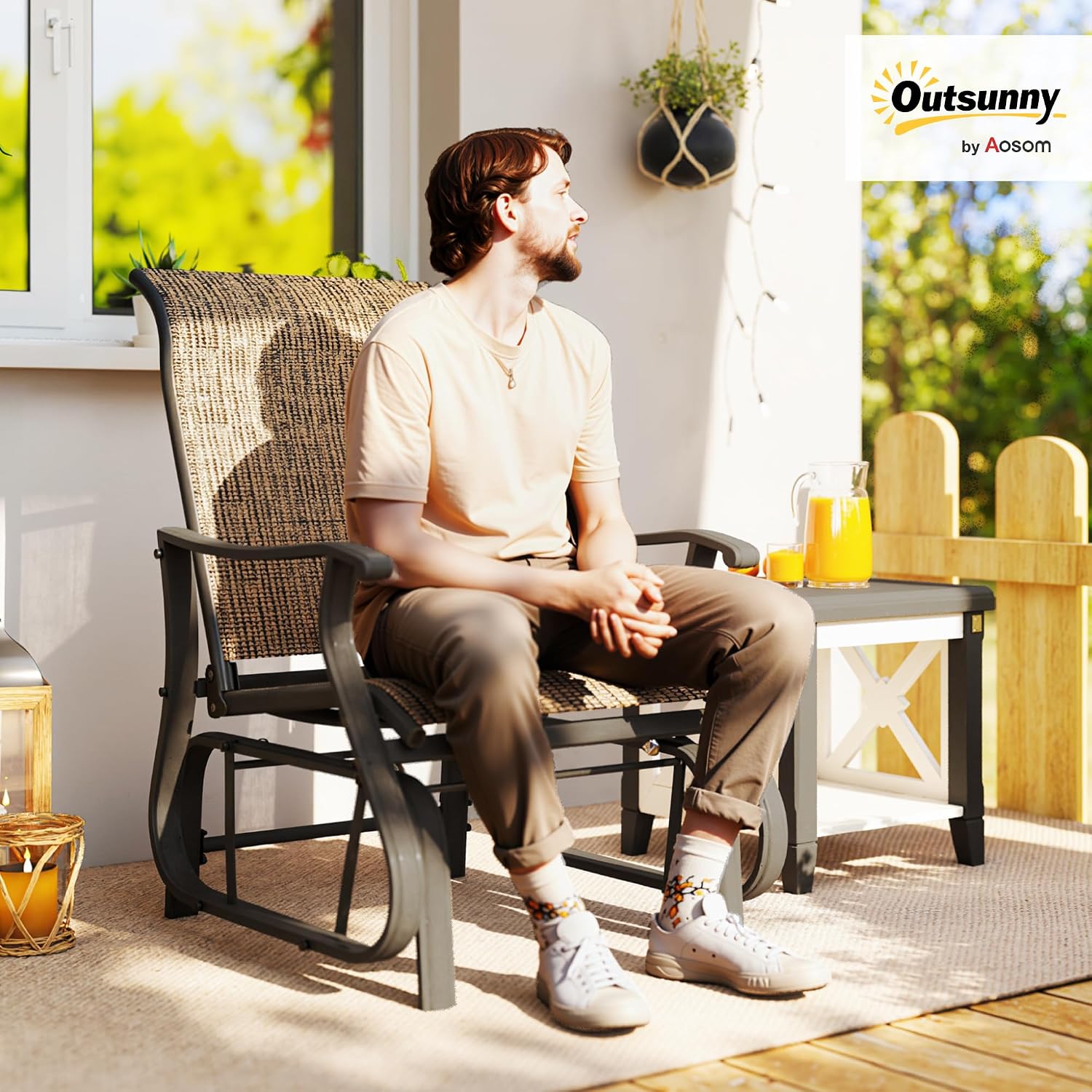 Outsunny Outdoor Glider Chair Patio Garden Steel Frame Light Mixed Brown | Gliders for Outside Patio, Mesh Fabric, Backyard, Porch
