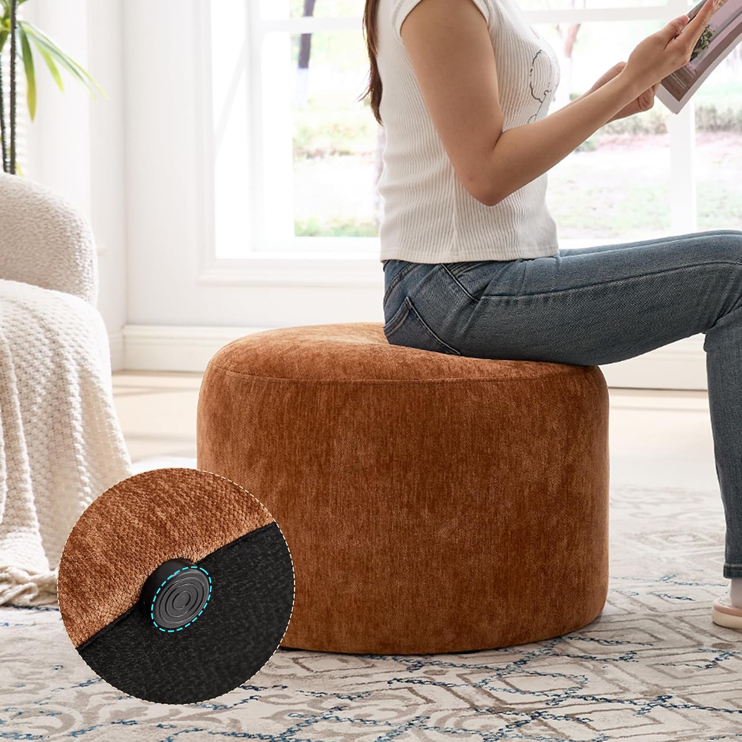 Flouki Pouf Ottoman Footrest, Foot Stools, Modern Round Upholstered Ottomans, Ottomans Pouffe, for Living Room, Bedroom, Entryway, Dorm, Selected Fabric (Orange-Brown, Set of 2)