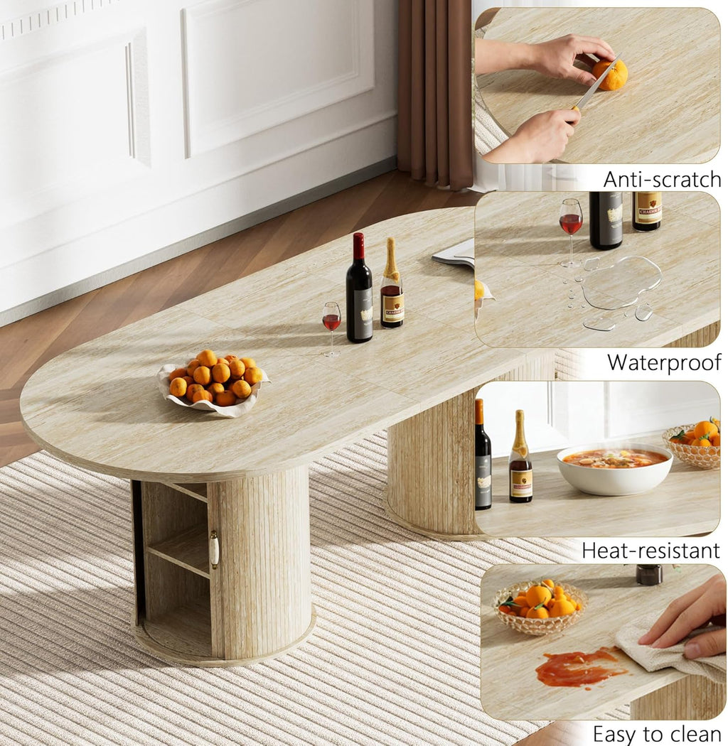 63"-94" Large Oval Extendable Dining Table for 6 8 10, Faux Travertine Expandable Kitchen Table with Fluted Cylindrical Storage Base, Modern Farmhouse Expanding Table for Dinner Party Family Gathering