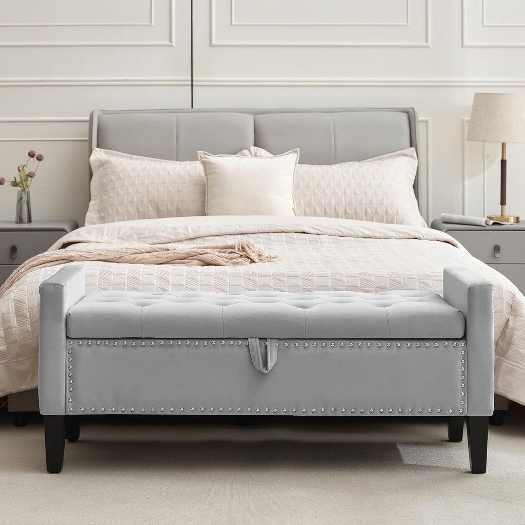 Velvet Storage Ottoman Bench, 46'' Upholstered Button Tufted End of Bed Bench, Modern Storage Bench for Bedroom, Living Room, Entryway, Grey
