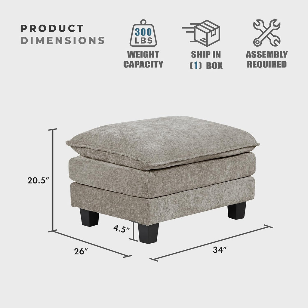 Lexicon Chenille Upholstered Rectangle Ottoman, Foot Stool, Black Faux Wood Feet, Durable Frame, Large Padded, Modular Sectional Couch Add Ons for Living Room, Bedroom, Assembly Required, Dark Pewter