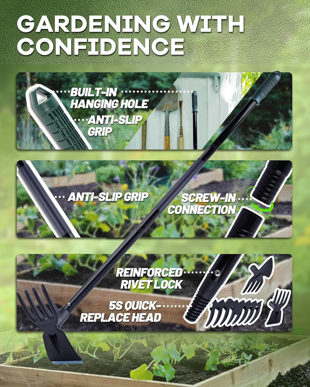 5-in-1 Garden Hoe - Adjustable 37" to 50" Handle, 5 Tool Heads, Heavy-Duty Weeding, Cultivating, and Raking Tool for Gardening, Camping, and Outdoor Use