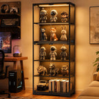 Display Cabinet with Glass Doors, 5-Tier 65" Glass Display Cabinet with LED 3-Color Lights & Human Body Sensor, Curio Cabinet with Textured Wood Shelves for Collectibles,Black Iron Frame