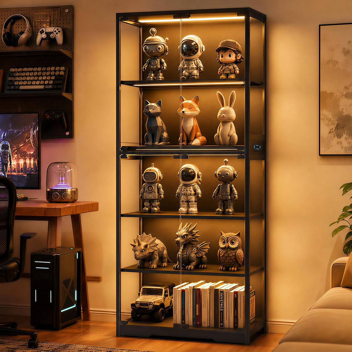 Display Cabinet with Glass Doors, 5-Tier 65" Glass Display Cabinet with LED 3-Color Lights & Human Body Sensor, Curio Cabinet with Textured Wood Shelves for Collectibles,Black Iron Frame