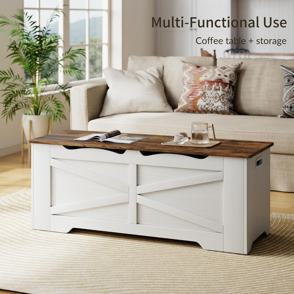 47.2" Wooden Storage Bench with 2 Safety Hinges, Flip Top Storage Trunk, 300lbs Load Capacity, Blanket Organizer Bench for Entryway Hallway Bedroom Living Room, White Walnut