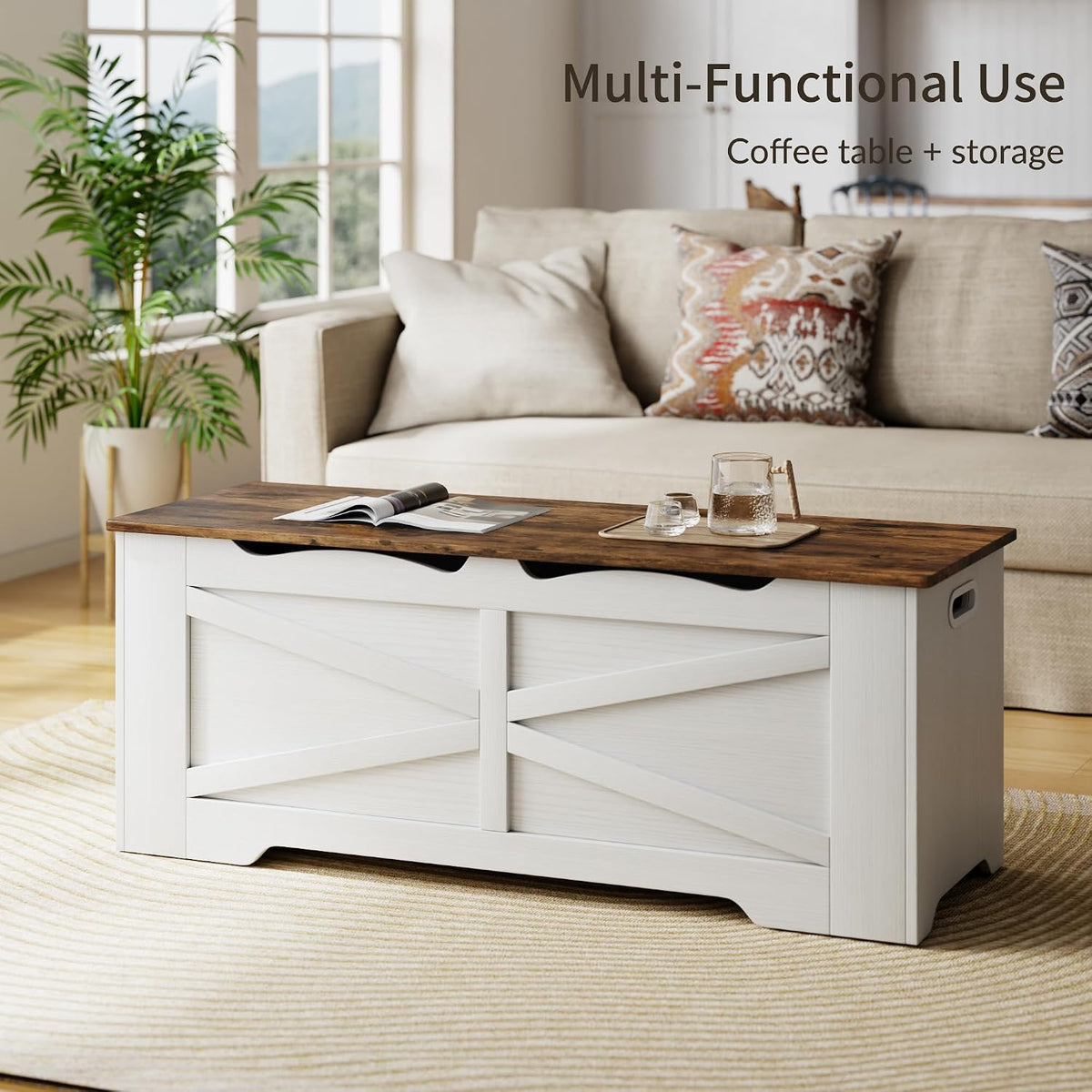 47.2" Wooden Storage Bench with 2 Safety Hinges, Flip Top Storage Trunk, 300lbs Load Capacity, Blanket Organizer Bench for Entryway Hallway Bedroom Living Room, White Walnut