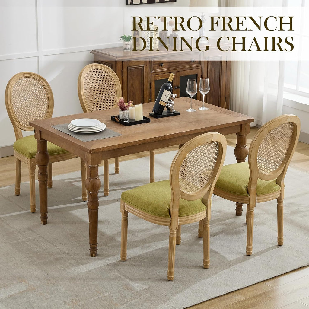 French Country Dining Chairs Set of 4，Fabric Upholstered Dining Chair with Round Back and Solid Leg, Rattan Kitchen Chairs for Dining Room, Living Room, Kitchen, Olive Green