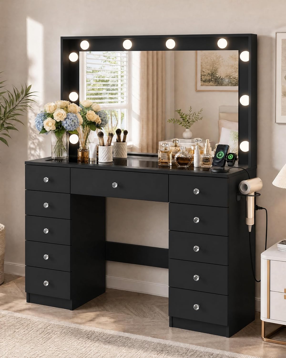 Otterease Black Makeup Vanity with Mirror and Lights,11 Drawers & Glass Top | Vanity Desk Table with Charging Station and 10 LED Bulbs, Hair Dryer Holder, for Bedroom