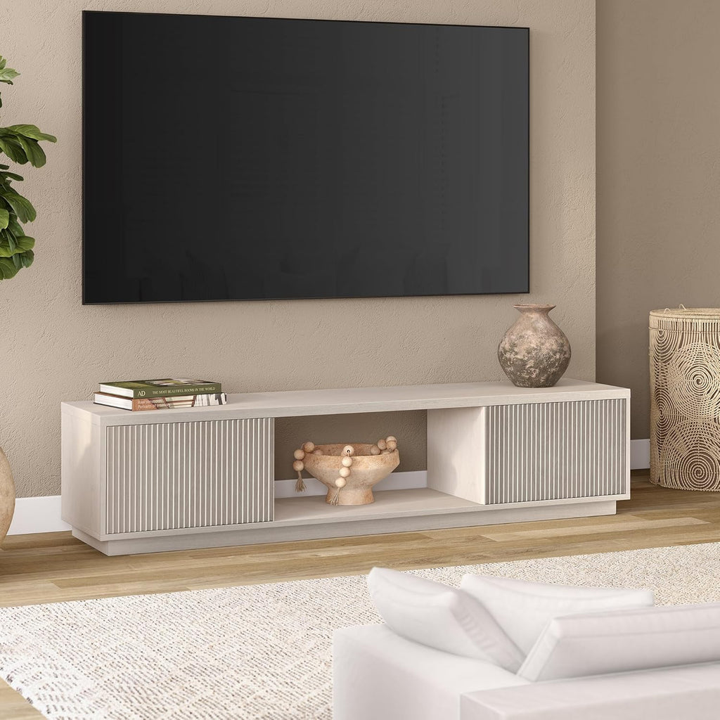 Henn&Hart 70" TV Stand for TVs up to 78", Beech White | Modern TV stand with ribbed cabinet doors and open center shelf for media or decor, perfect for living room or office