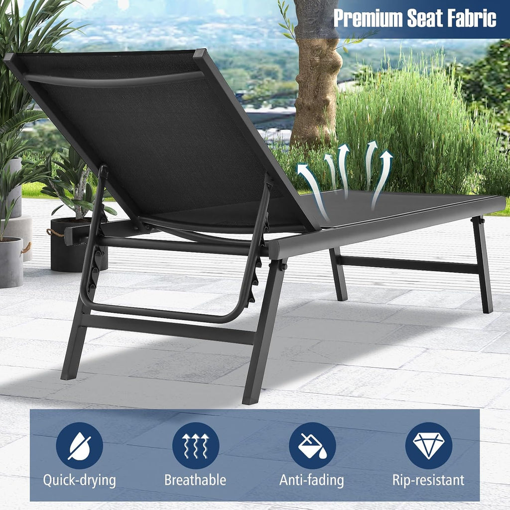 Tangkula 3 Piece Patio Chaise Lounge Set, Aluminum Patio Recliner with Coffee Table, 6-Level Backrest Adjustment, Outdoor Lounge Chair & Side Table Set for Poolside, Backyard (Black)