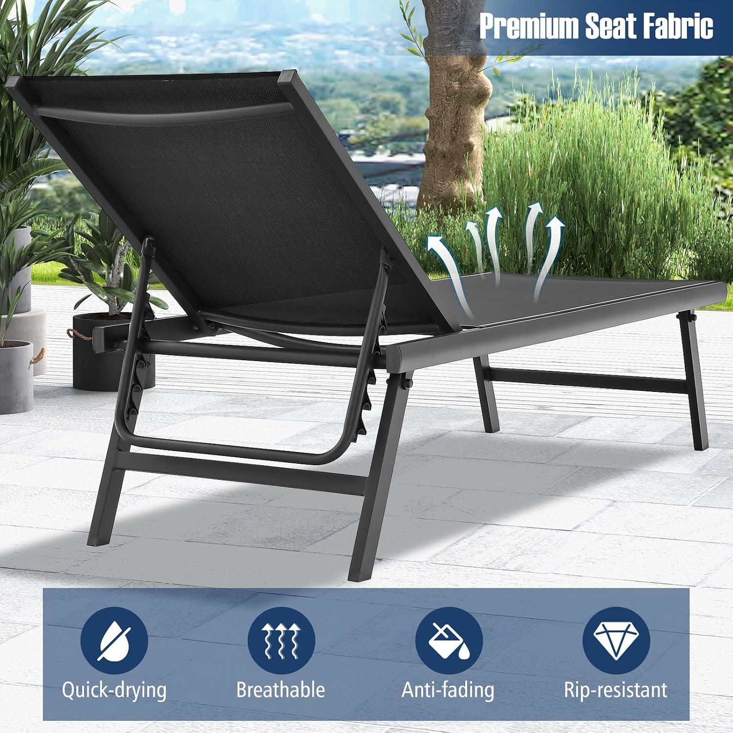 Tangkula 3 Piece Patio Chaise Lounge Set, Aluminum Patio Recliner with Coffee Table, 6-Level Backrest Adjustment, Outdoor Lounge Chair & Side Table Set for Poolside, Backyard (Black)