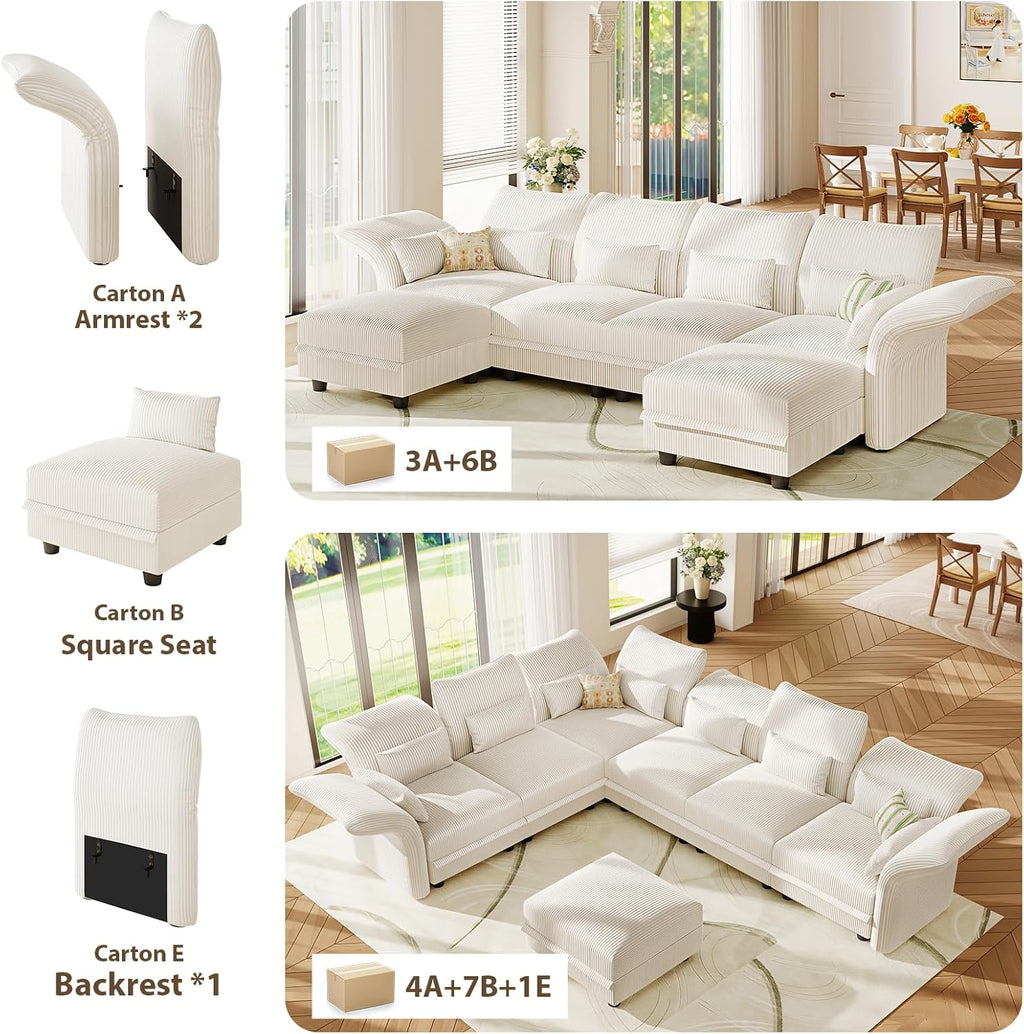 LLappuil 10 Seater Sectional Sofa with Storage, Large U Shaped Modular Sectional Couches for Living Room with Adjustable Arms Backs, Plush Supportive Cushions, 10 Seater, Beige Corduroy | Tool Free Assembly