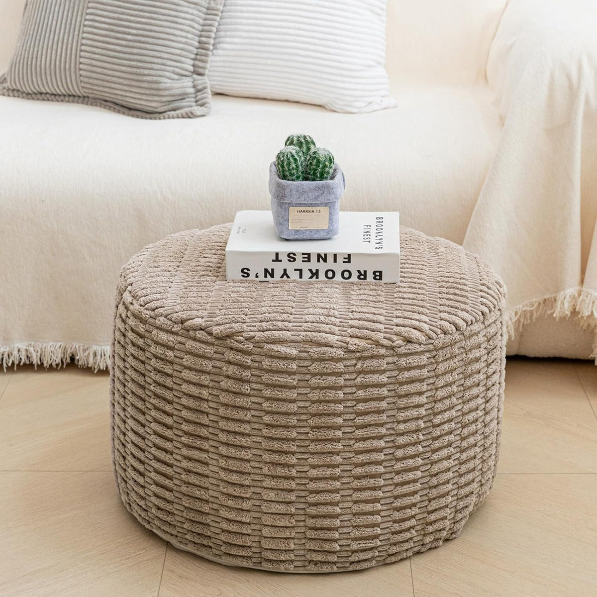 Asuprui Pouf Ottoman Round Foam Filled Foot Rest Stool Floor Pouf Footrest | 20x14 In,Light Coffee,All-One Foam Pouf, Ottoman Coffee Table,Couch Foot Rest ,Remov. Cover for Living Room Entryway Bedroom