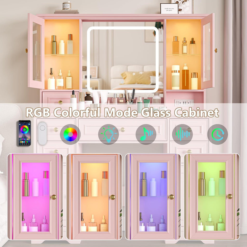 HUANLEGO Farmhouse Makeup Vanity Desk with Mirror and LED Lights, Pink | Vanity Mirror with Lights Desk for Women, Makeup Table Set with RGB Cabinet and 6 Drawers, Charging Station, 3 Light Modes