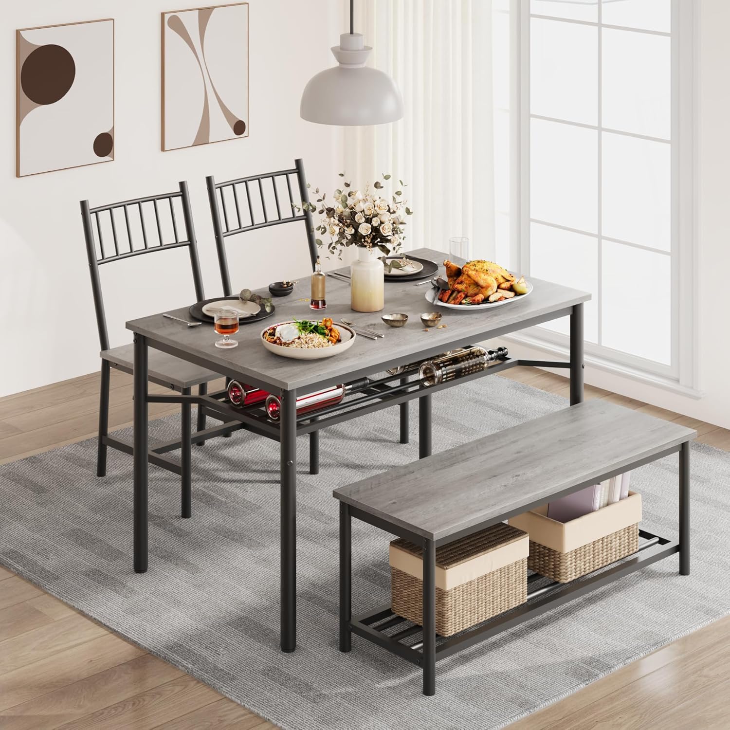 Garvee Dining Table Set for 4 with Bench and Chairs, 4-Piece Kitchen Table Set with Storage – Space-Saving Dining Table for Apartments and Dining Rooms, Gray