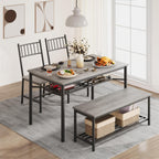Dining Table Set for 4, Kitchen Table and Chairs for 4 with Wine Rack, Rectangular Dining Room Table Set with Bench, 4 Piece Dining Table Set for Small Space, Apartment, Retro Gray