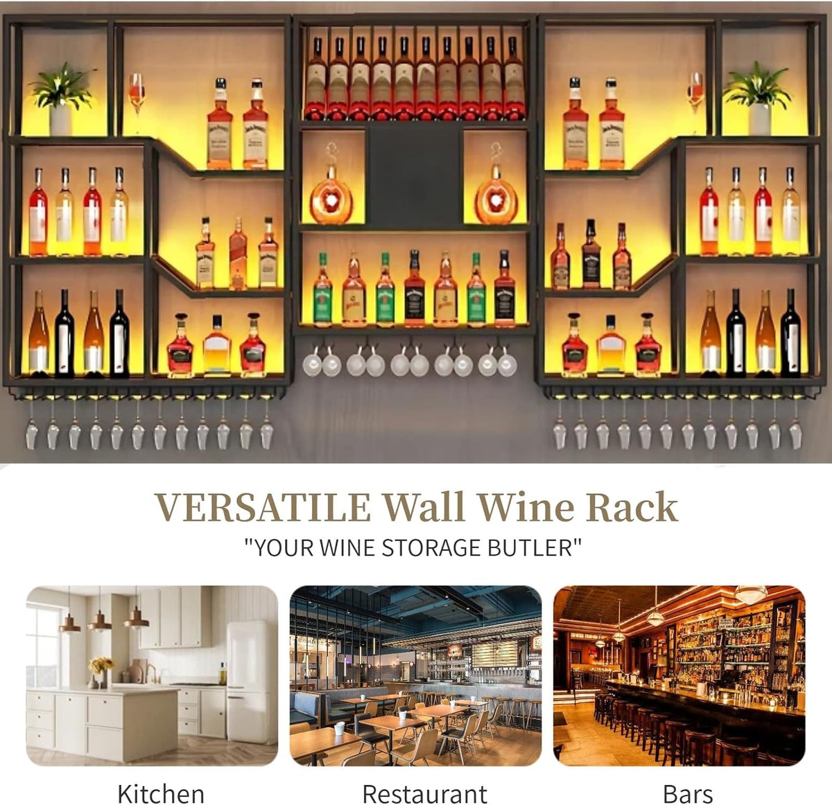 79" Large Metal Wine Rack Wall Mounted, 3 Tier Liquor Shelf & Liquor Rack Wall Mounted with LED Light, Bar Shelf for Liquor Bottles & Glass Holder for Dining Room,Home Bar,Black