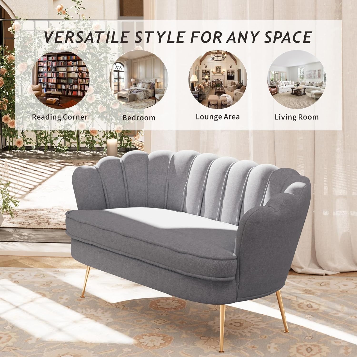 59'' Loveseat Sofa, Modern Chenille 2-Seater Sofa with Golden Legs, Comfy Upholstered Shell Accent Couch for Studio, Living Room, Store, Office (Light Grey).