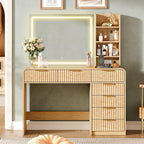 47“Makeup Vanity Desk with Mirror and Lights, Vanity Desk with 7 Drawers & Storage Shelves, Vanity Table with Power Outlet, 3 Color Modes & Adjustable Brightness Dressing Table, Bedroom,Wood