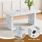 63" Dining Table Set for 6, White Faux Marble Dining Room Table and 6 PU Leather Chairs with Silver Metal Legs, Easy Assembly Kitchen Dining Set for Home, Apartment
