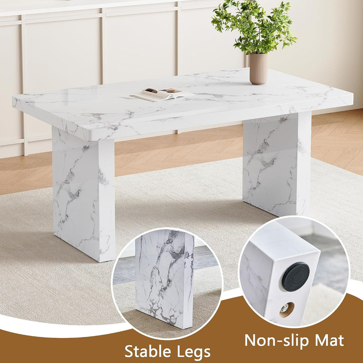 63" Dining Table Set for 6, White Faux Marble Dining Room Table and 6 PU Leather Chairs with Silver Metal Legs, Easy Assembly Kitchen Dining Set for Home, Apartment