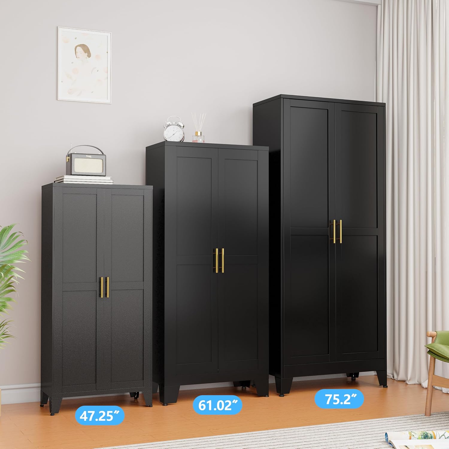 Metal Storage Cabinet with Doors and Shelves, 61.02" Tall Kitchen Pantry Storage Cabinet for Food, Large Freestanding Pantry Closet for Kitchen, Dining Room, Living Room (Black)