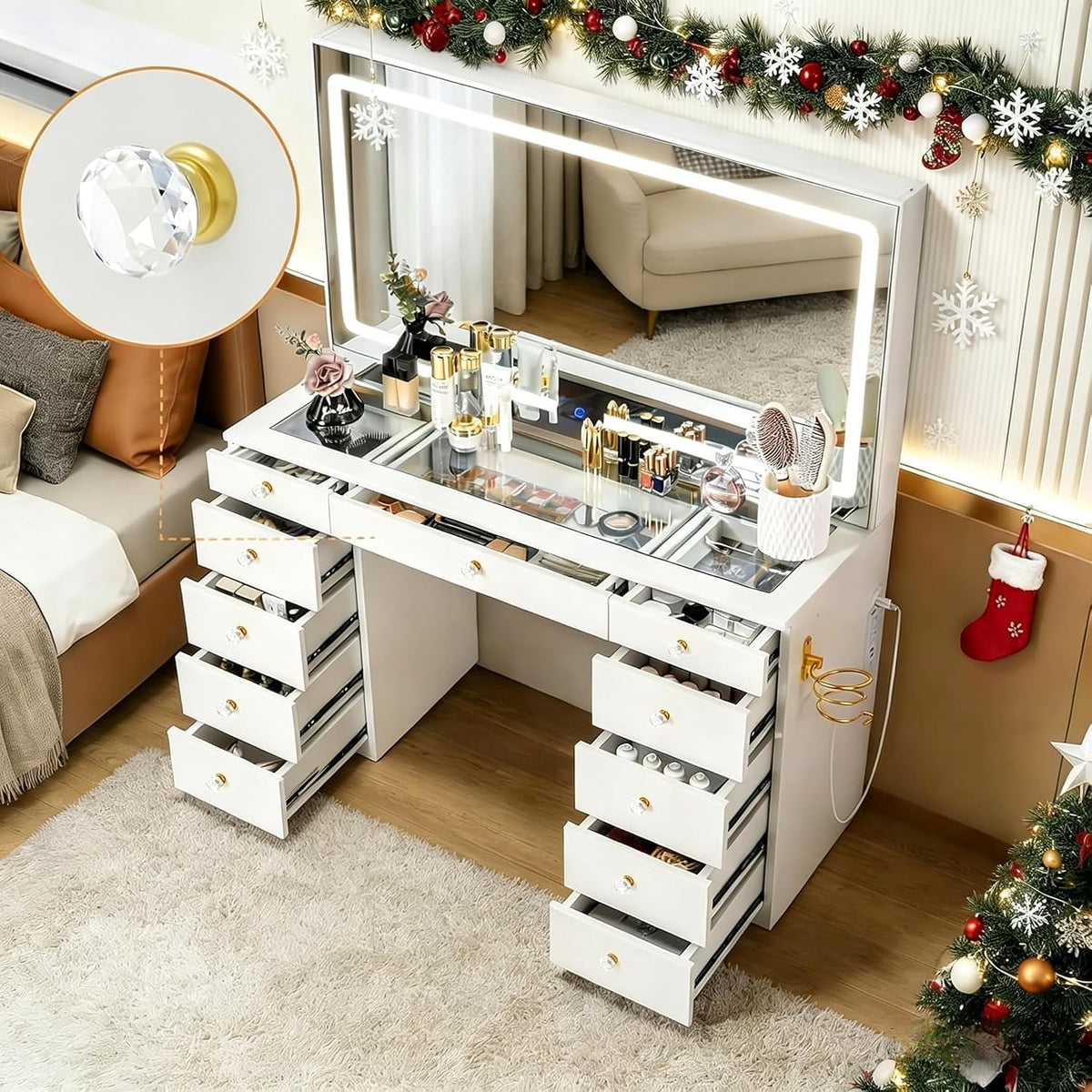 11 Drawers Glass Top Vanity Desk, Crystal Handles Makeup Vanity with Mirror and Lights, Dressing Table with Power Outlet, Adjustable Lighting Modes, White