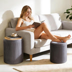 DUMOS Round Ottomans with Storage Set of 2, Vanity Stool, Foot Stool | 14.57"D x 18.11"H and 12.60"D x 14.96"H, Velvet Sturdy Ottoman for Living Room, Bedroom, Dorm, Small Apartment, Black