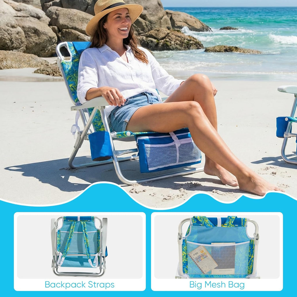 Old Bahama Bay Beach Chairs for Adults, 7-Position Classic Lay Flat Beach Chair Reclining Beach Chair, Portable Aluminum Backpack Beach Chair with Towel Bar & Cooler Bag