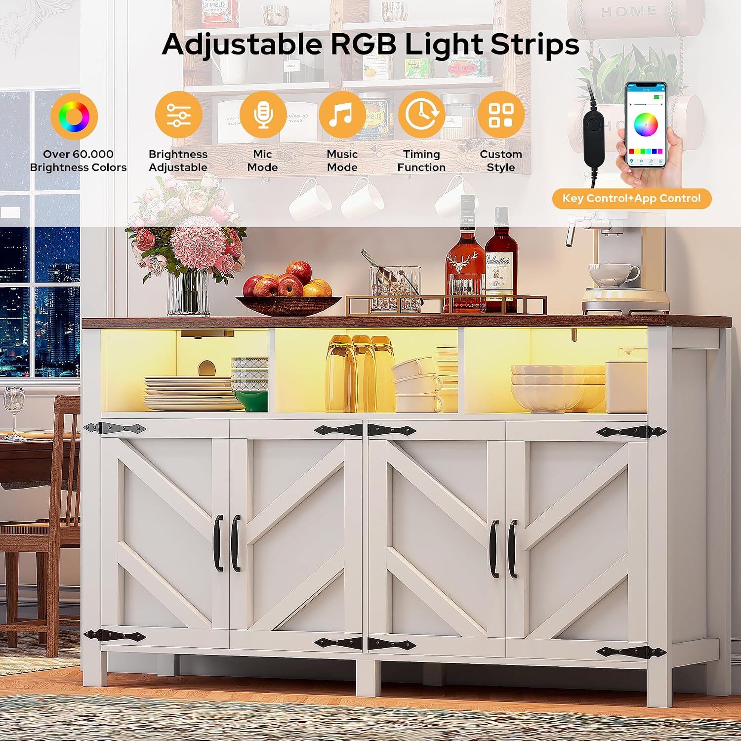 knoworld Buffet Sideboard with Storage with Power Outlets & LED Light 4 Doors, 55'' Large Farmhouse Kitchen Storage Cabinet Wood Coffee Bar Cabinet Buffet Table for Kitchen, Dining Room,55"W White LED