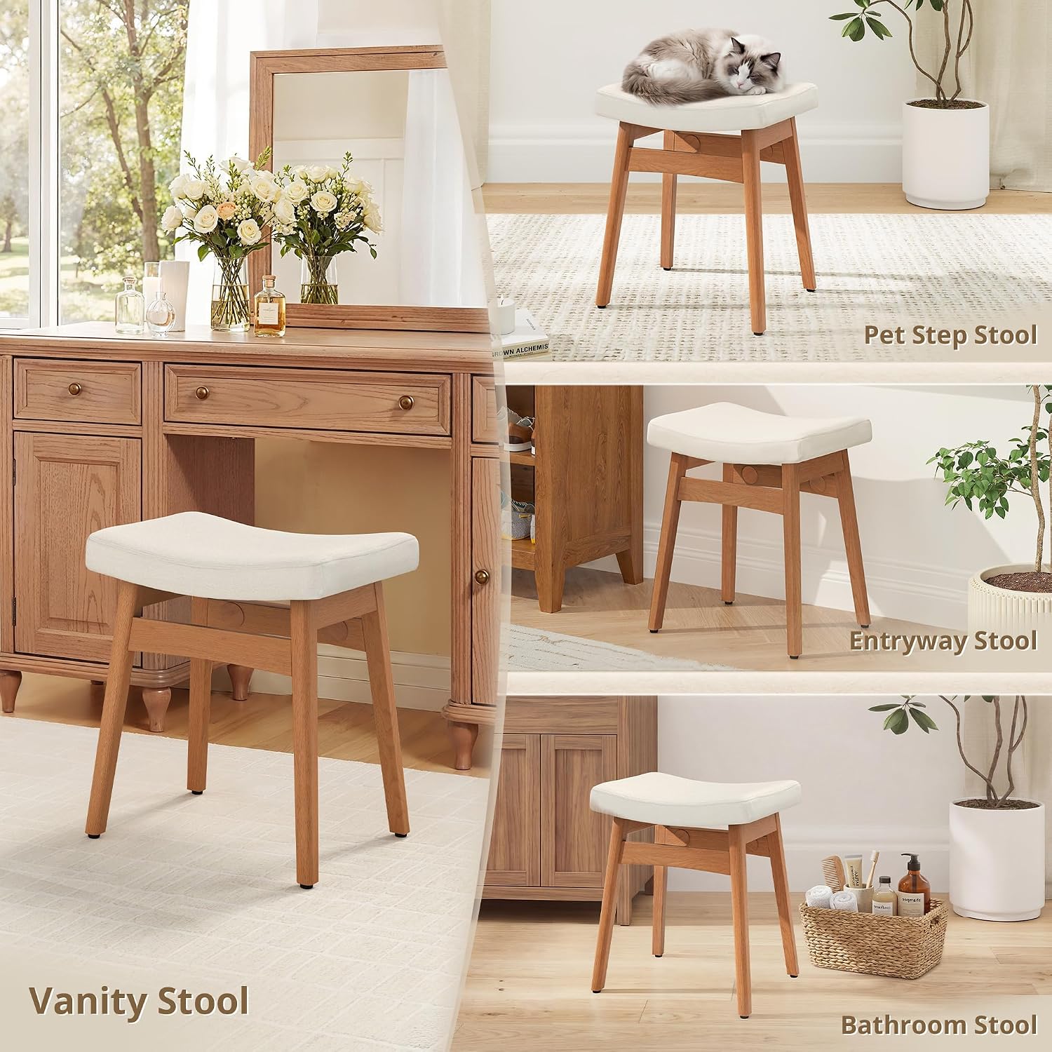 LUE BONA Vanity Saddle Stool with Wood Legs, 17.3" H Compact Makeup Stool with Sick Upholstery, Vanity Bench for Bedroom, Entryway & Bathroom, 300 lb Weight Capacity