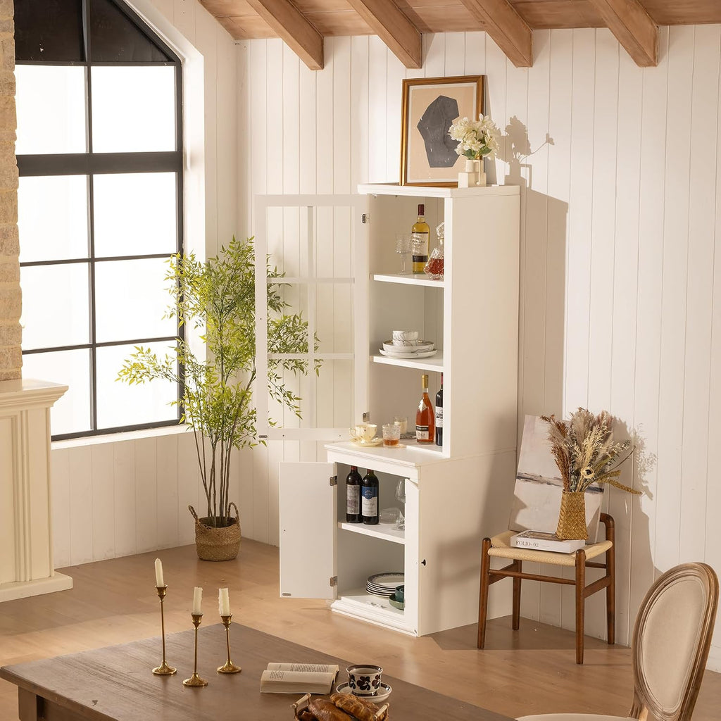 Havemies 75" Freestanding Pantry Cabinet with Glass Lattice Door, Large Farmhouse Kitchen Storage with Double-Action Hinges for Dry Food & Supplies, White