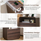 Standifurno Modern Walnut Nightstand, 25" Tall Wooden Bedside Table with Charging Station, 2 Storage Drawers Side Table Curved Profile, Handleless, Large End Table Night Stand for Bedroom, Office