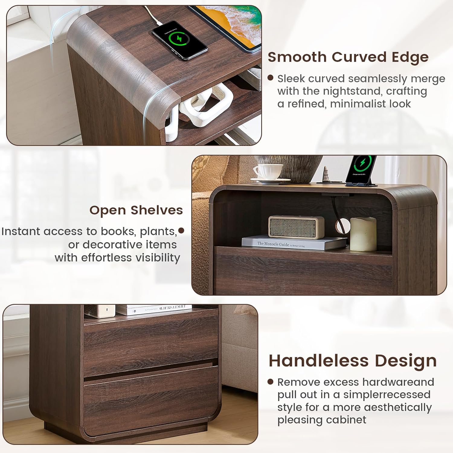 Standifurno Modern Nightstand Set of 2, 23.2" Wide Wood Bedside Table with Charging Station, 2 Storage Drawers Side Table Curved Profile, Handleless, Large End Table Night Stand for Bedroom, Walnut