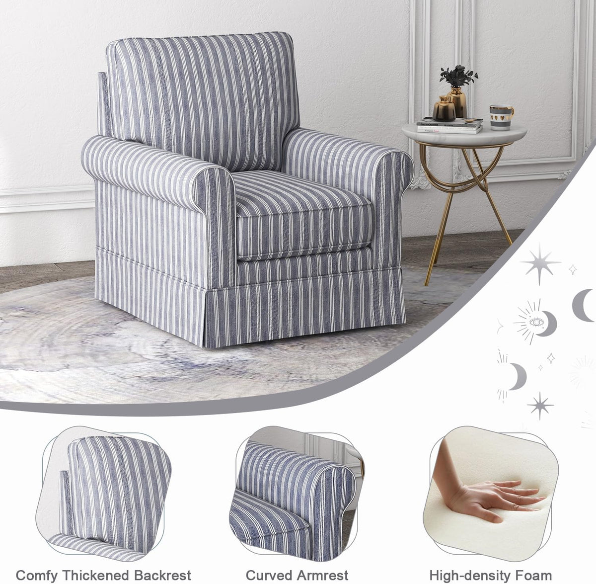 INZOY Swivel Accent Chair Set of 2, Mid Century Modern Reading Chair, Upholstered Swivel Square Chair for Living Room Bedroom Small Spaces, Fully Assembled, Blue Stripe
