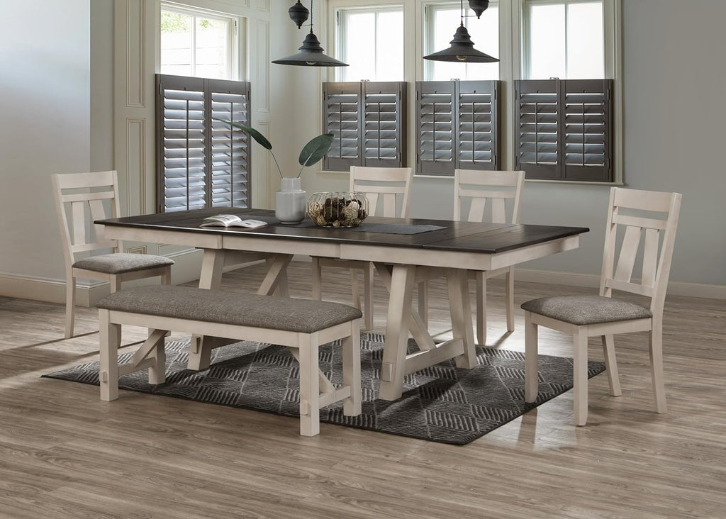 Dining Bench 48 Inch Upholstered Seat Cottage Style Chalk Gray Finish Cream Fabric Cushion Solid Wood Standard Height Bench for Dining Room Bedroom 76mm Cushion