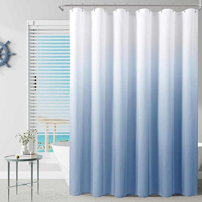 Blue Grey Shower Curtains for Bathroom, Ombre Textured Fabric Shower Curtain Set, Hotel Spa Luxury with 12 Hooks, Machine Washable, Decorative Bathroom Curtain Blue Grey 72 x 72