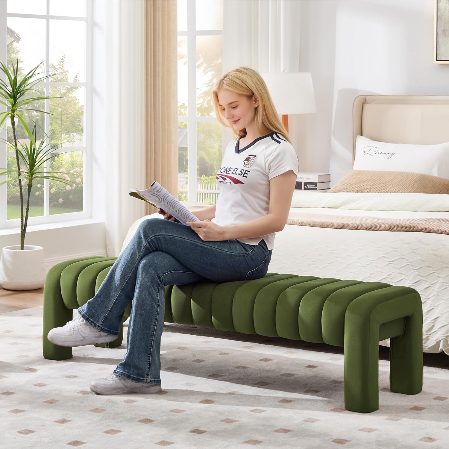 63’’ Bedroom Bench, Upholstered End of Bed Bench with Solid Wood Legs, Modern Dining Bench with Full Covered Fabrics for Entryway, Bedroom, Living Room (Green, Velvet)