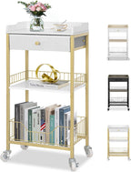 Gold & White Side Table with Storage Basket, Tall End Table with Drawer, 4-Tier Bathroom Storage Shelf with Optional Wheels, Nightstand for Dorm, Living Room, Bedroom