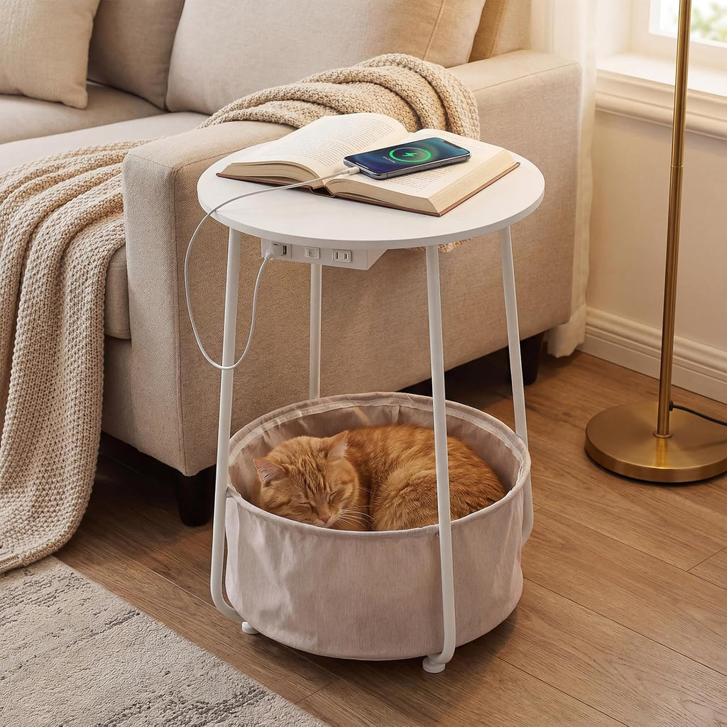 Round Side Table with Charging Station & USB Ports, Modern End Table Nightstand with Fabric Storage Basket, Matte White & Camel Brown Accent Table for Living Room, Bedroom (White)