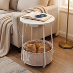 Round Side Table with Charging Station & USB Ports, Modern End Table Nightstand with Fabric Storage Basket, Matte White & Camel Brown Accent Table for Living Room, Bedroom (White)