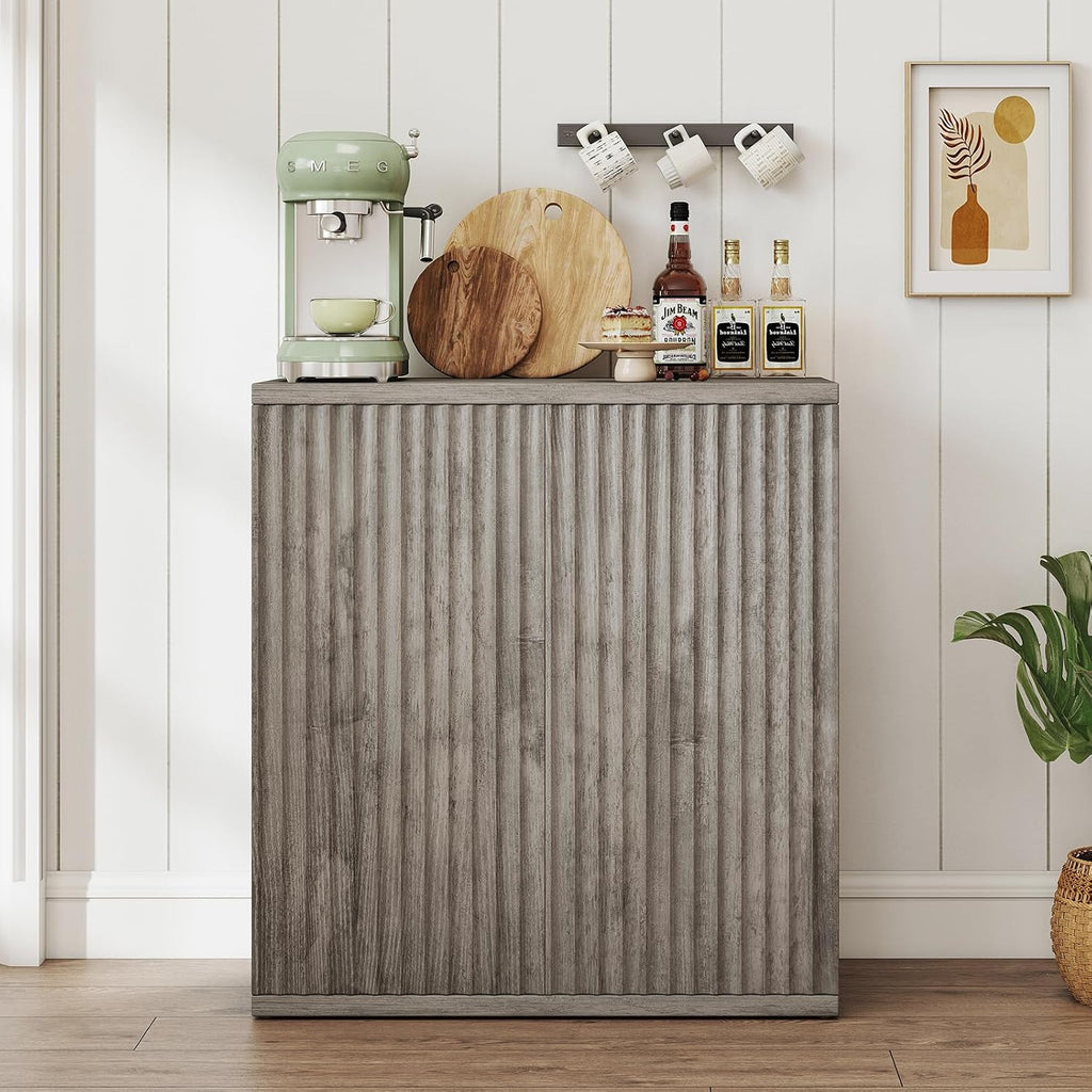 Fluted Sideboard Buffet Cabinet with Storage, Wood Sideboard Cabinet with Doors, Small Credenza Buffets & Sideboards for Kitchen, Accent Cabinets for Entryway Living Room Hallway Home, Grey