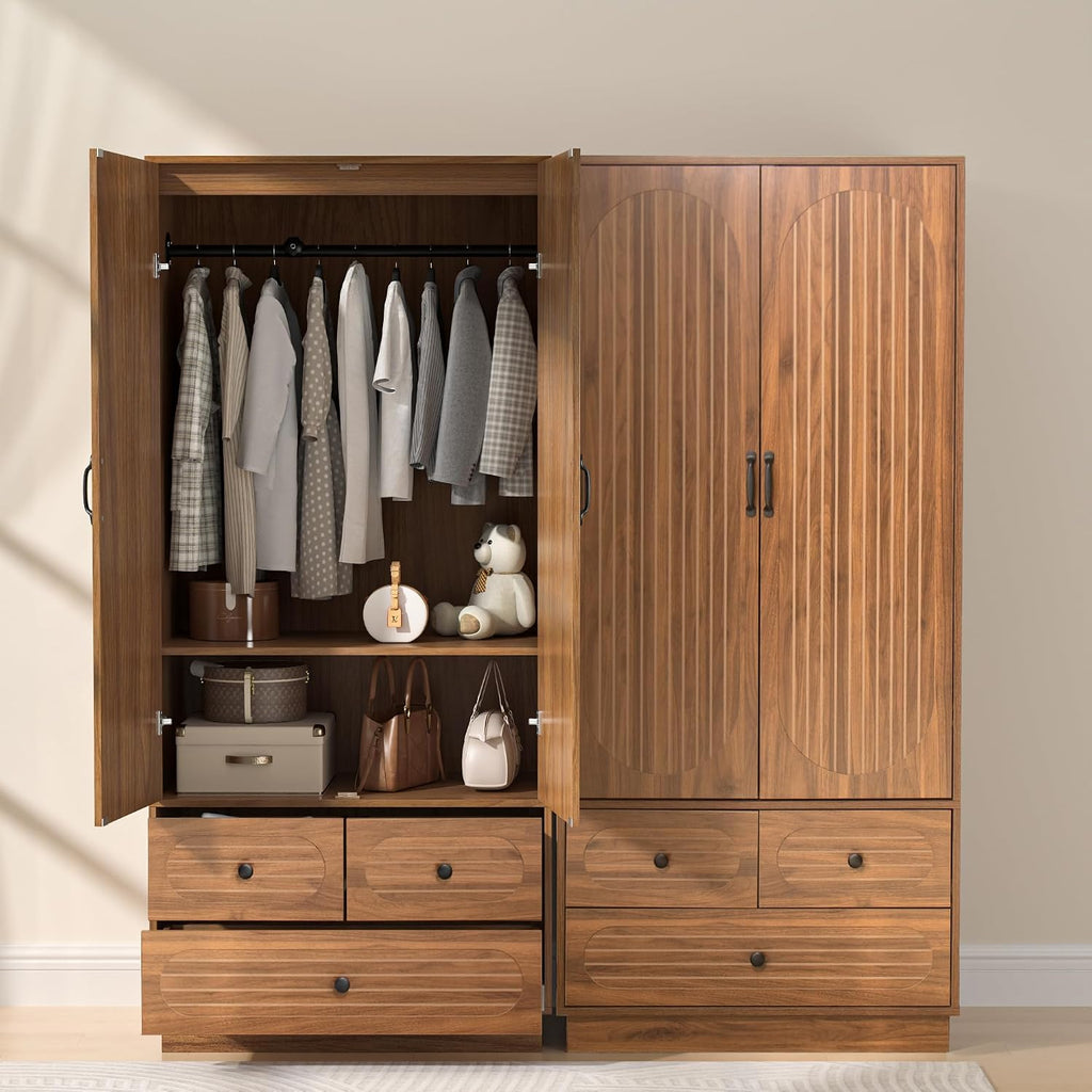 Jluomei Armoire Wardrobe Closet with Doors, Wardrobe Cabinet with 3 Drawers, Wooden Large Clothing Storage Cabinet with Hanging Rod and Shelf, Mid-Century Modern Tall Closet for Bedroom, Walnut