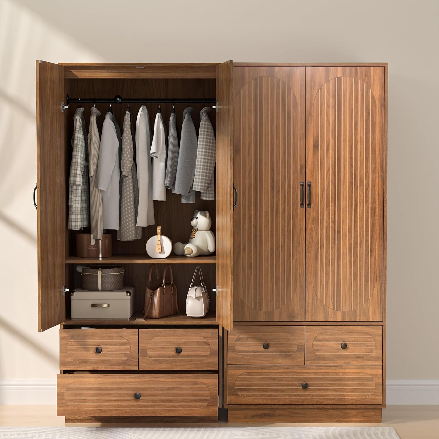Jluomei Armoire Wardrobe Closet with Doors, Wardrobe Cabinet with 3 Drawers, Wooden Large Clothing Storage Cabinet with Hanging Rod and Shelf, Mid-Century Modern Tall Closet for Bedroom, Walnut