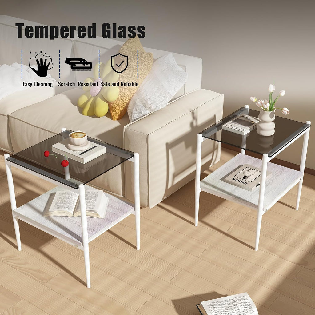 3-Piece Glass Coffee Table and End Table Sets for Living Room, Modern Living Room Tables Set of 3 Tempered Glass Coffee Table & 2 End Side Table with Storage for Small Spaces (3, Gray White)