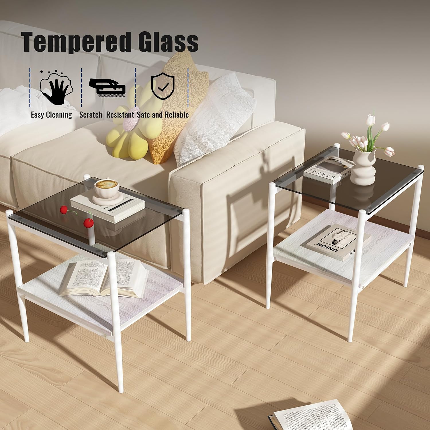 3-Piece Glass Coffee Table and End Table Sets for Living Room, Modern Living Room Tables Set of 3 Tempered Glass Coffee Table & 2 End Side Table with Storage for Small Spaces (3, Gray White)