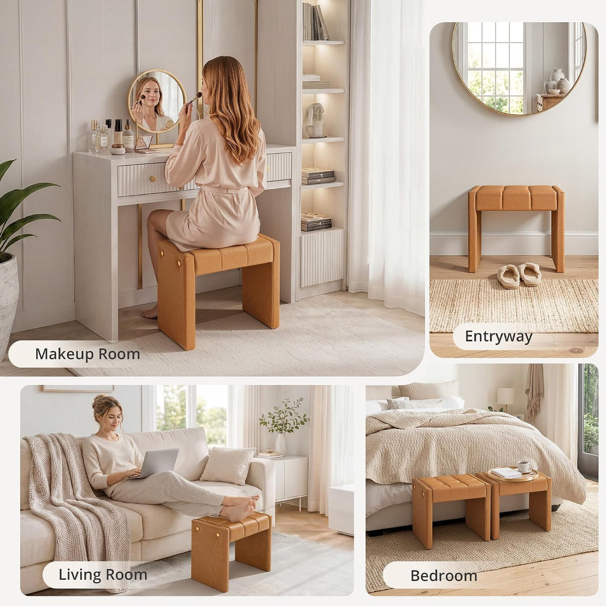 LUE BONA Modern Grid Tufted Vanity Bench Stool, 4.33'' Thick Chenille Upholstered Ottoman Footstool for Makeup Room, Bedroom & Living Room, 200lbs Capacity, Brown