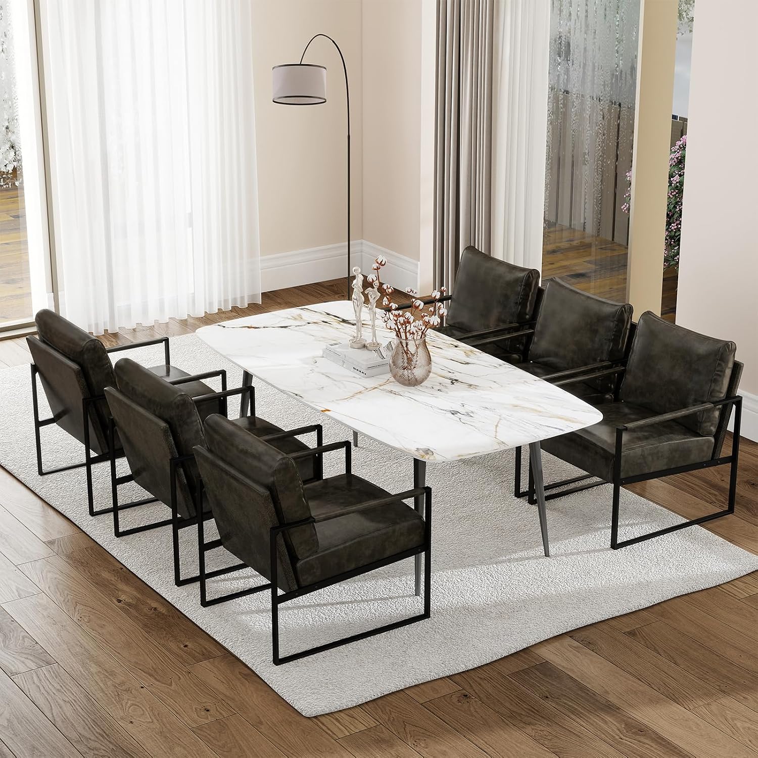 CANMOV Modern Accent Chair Set of 6, PU Leather Armchair with Metal Frame,Comfy Single Reading Chair with Soft Padded Backrest and Cushion for Living Room, Bedroom,Reading Room,Office,Dark Grey
